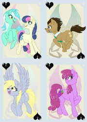 Size: 744x1038 | Tagged: safe, artist:bluekite-falls, artist:sky-railroad, berry punch, berryshine, bon bon, derpy hooves, doctor whooves, lyra heartstrings, sweetie drops, time turner, earth pony, pegasus, pony, unicorn, doctor who, female, game, heart, lesbian, lyrabon, mare, prance card game, shipping, sonic screwdriver