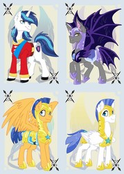 Size: 744x1038 | Tagged: safe, artist:bluekite-falls, artist:sky-railroad, flash sentry, shining armor, bat pony, pegasus, pony, unicorn, g4, armor, male, night guard, prance card game, royal guard, stallion