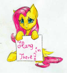 Size: 2481x2699 | Tagged: safe, artist:thatonegib, derpibooru exclusive, fluttershy, pony, g4, cute, female, high res, holding sign, looking at you, simple background, sitting, solo, traditional art, white background