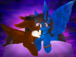 Size: 2032x1524 | Tagged: safe, artist:vanillaswirl6, oc, oc only, oc:snake, oc:sonica, pegasus, pony, art trade, blushing, cheek fluff, cheek kiss, chest fluff, cloud, colored eyelashes, cute, duo, ear fluff, ear piercing, eyes closed, facial hair, female, floppy ears, fluffy, goatee, jewelry, kissing, lying, male, necklace, oc x oc, on a cloud, open mouth, photoshop, piercing, prone, scrunchy face, shipping, shoulder fluff, sky, spread wings, stars, straight, sunset, surprise kiss, surprised, wings, wristband