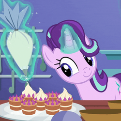 Size: 512x512 | Tagged: safe, screencap, starlight glimmer, pony, unicorn, all bottled up, g4, cropped, cute, female, glimmerbetes, icing bag, magic, mare, smiling, solo, teacakes, telekinesis