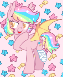 Size: 848x1028 | Tagged: safe, artist:candycrusher, oc, oc only, oc:paper stars, bat pony, pony, amputee, ear fluff, female, lidded eyes, mare, missing limb, open mouth, solo, stump