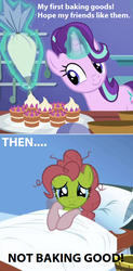 Size: 511x1036 | Tagged: safe, edit, edited screencap, screencap, pinkie pie, starlight glimmer, pony, unicorn, all bottled up, applebuck season, g4, baked bads, female, glowing horn, green face, horn, magic, mare, screencap comic, sick, smiling, teacakes, telekinesis