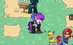 Size: 758x471 | Tagged: safe, oc, oc only, oc:dum1, oc:lavanda, cat, pony, robot, pony town, accessory, bow, clothes, eyes closed, female, screenshots, tongue out