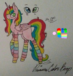 Size: 900x936 | Tagged: safe, artist:anxiouslilnerd, oc, oc only, oc:princess color boop, alicorn, pony, alicorn oc, clothes, heterochromia, next next generation, rainbow socks, reference sheet, socks, solo, striped socks, traditional art