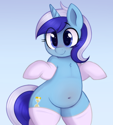 Size: 827x911 | Tagged: safe, artist:toroitimu, minuette, pony, unicorn, g4, belly, belly button, bipedal, blushing, chubby, clothes, cute, female, gradient background, heart eyes, mare, minubetes, plump, smiling, socks, solo, stockings, thigh highs, wingding eyes