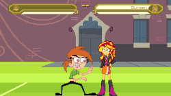 Size: 640x358 | Tagged: safe, artist:toonalexsora007, sunset shimmer, equestria girls, g4, animated, atomic wedgie, axe kick, blushing, canterlot high, clothes, crossover, cunt punt, embarrassed, female, gif, mugen, panties, soccer field, stomping, the fairly oddparents, underwear, vicky, wedgie, yellow underwear