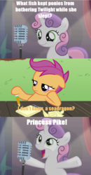 Size: 870x1674 | Tagged: safe, edit, edited screencap, screencap, scootaloo, sweetie belle, pony, bloom & gloom, g4, ponyville confidential, princess spike, bad sweetie belle joke, bored, comic, curtains, hat, meme, microphone, notepad, pencil, pun, screencap comic, stage