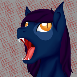 Size: 900x900 | Tagged: safe, artist:bevendre, oc, oc only, oc:midnight oil, bat pony, pony, bust, derp, eeee, fangs, portrait, screaming, skree, solo