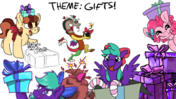 Size: 1920x1080 | Tagged: safe, artist:cutepencilcase, artist:fluffyxai, artist:kaaostonttu, artist:strangersaurus, discord, pinkie pie, draconequus, pegasus, pony, g4, bomb, bow, clothes, collaboration, drawpile disasters, female, gift art, hair bow, mare, present, simple background, socks, striped socks, tongue out, weapon, white background