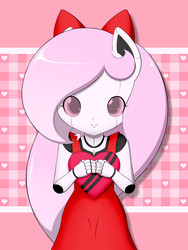 Size: 900x1200 | Tagged: safe, artist:jdan-s, oc, oc only, oc:cyberia heart, human, robot, bow, clothes, dress, eared humanization, heart, holiday, humanized, looking at you, solo, valentine's day