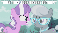 Size: 640x360 | Tagged: safe, edit, edited screencap, screencap, diamond tiara, silver spoon, pony, crusaders of the lost mark, g4, animated, caption, does this look unsure to you?, female, floppy ears, gif, gif with captions, image macro, just one bite, meme, spongebob squarepants