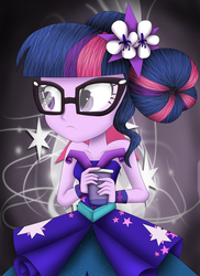 Size: 4000x5500 | Tagged: safe, artist:vicakukac200, sci-twi, twilight sparkle, human, equestria girls, g4, my little pony equestria girls: legend of everfree, absurd resolution, clothes, crystal gala, crystal gala dress, cup, cute, dress, drink, female, flower, flower in hair, glasses, hair bun, meganekko, solo, strapless, twiabetes