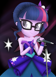 Size: 4000x5500 | Tagged: safe, artist:vicakukac200, sci-twi, twilight sparkle, human, equestria girls, g4, my little pony equestria girls: legend of everfree, absurd resolution, clothes, crystal gala, crystal gala dress, cute, dress, female, glasses, legend you were meant to be, meganekko, microphone, solo, strapless, twiabetes