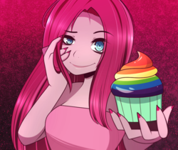 Size: 871x731 | Tagged: safe, artist:koimii, pinkie pie, fanfic:cupcakes, equestria girls, g4, clothes, cupcake, female, food, looking at you, pinkamena diane pie, rainbow cupcake, smiling, solo