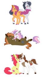 Size: 1024x1828 | Tagged: safe, artist:colourstrike, apple bloom, button mash, pipsqueak, rumble, scootaloo, sweetie belle, classical unicorn, earth pony, pegasus, pony, unicorn, g4, blushing, chest fluff, cloven hooves, colored hooves, colored wings, colored wingtips, cutie mark, cutie mark crusaders, female, horn, leonine tail, male, older, older apple bloom, older button mash, older rumble, older scootaloo, older sweetie belle, piebald coat, seduction, ship:pipbloom, ship:rumbloo, ship:sweetiemash, shipping, simple background, stallion, straight, tail seduce, the cmc's cutie marks, unshorn fetlocks, white background