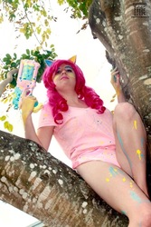 Size: 427x640 | Tagged: safe, artist:krazykari, pinkie pie, human, g4, clothes, cosplay, costume, irl, irl human, nerf, nerf gun, paintball, photo, solo, tree
