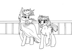 Size: 600x458 | Tagged: safe, artist:tillie-tmb, oc, oc only, oc:meadow lark, oc:tempest, pony, unicorn, cloak, clothes, female, mare, monochrome, ship