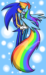 Size: 532x862 | Tagged: safe, artist:hoshinousagi, rainbow dash, anthro, g4, blushing, cropped, crossover, female, interspecies, kissing, male, shipping, sonic the hedgehog, sonic the hedgehog (series), sonicdash, sonicified, straight