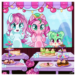 Size: 1200x1200 | Tagged: safe, artist:ipun, oc, oc only, oc:gadget, oc:precious metal, pegasus, pony, against glass, cake, cookie, cupcake, female, food, glass, heart eyes, mare, wingding eyes