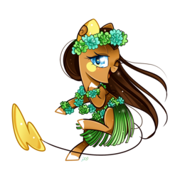 Size: 1000x1017 | Tagged: safe, artist:ipun, oc, oc only, alolan raichu, earth pony, pony, raichu, alolan form, clothes, female, flower, grass skirt, heart eyes, hula, lei, mare, pokémon, simple background, skirt, solo, transparent background, wingding eyes