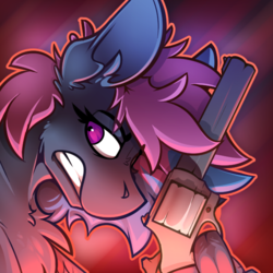 Size: 600x600 | Tagged: safe, artist:ralek, oc, oc only, oc:running riot, pony, abstract background, avatar, bust, crazy eyes, gritted teeth, gun, handgun, icon, looking back, pistol, portrait, revolver, solo, weapon, wing hands