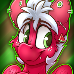 Size: 600x600 | Tagged: safe, artist:ralek, oc, oc only, oc:melon frost, pegasus, pony, abstract background, avatar, barbell piercing, bust, ear piercing, food, freckles, gauges, icon, piercing, portrait, smiling, snake bites, solo, watermelon, wings