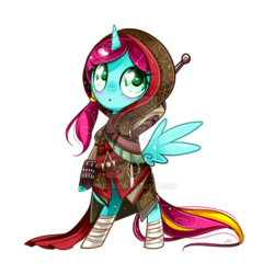 Size: 800x833 | Tagged: safe, artist:ipun, oc, oc only, oc:aurora, alicorn, pony, alicorn oc, assassin's creed, bipedal, blushing, clothes, cosplay, costume, female, heart eyes, mare, shao jun, simple background, solo, transparent background, wingding eyes