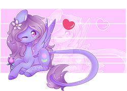 Size: 1024x735 | Tagged: safe, artist:twily-star, oc, oc only, pegasus, pony, female, flower, flower in hair, mare, one eye closed, prone, solo, wink