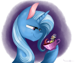 Size: 1450x1200 | Tagged: safe, artist:lcpegasister75, discord, trixie, draconequus, pony, unicorn, g4, cup, cute, discute, duo, female, food, looking at each other, mare, micro, smiling, tea, teacup, trixie is not amused, unamused