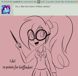 Size: 900x878 | Tagged: dead source, safe, artist:wubcakeva, oc, oc only, oc:cupcake slash, equestria girls, g4, ask, clothes, deviantart, glasses, harry potter (series), magic wand, monochrome, ponytail, skirt, solo
