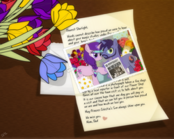 Size: 1679x1343 | Tagged: safe, artist:dsana, discord, starlight glimmer, thorax, trixie, oc, oc:aurora, oc:steady hooves, changedling, changeling, pony, unicorn, comic:left behind, equestria daily, g4, beard, facial hair, flower, glasses, king thorax, letter, magic, photo, starlight's parents