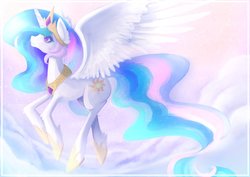 Size: 1200x848 | Tagged: safe, artist:psychobanana-arts, princess celestia, alicorn, pony, g4, cloud, crown, cute, cutelestia, ear fluff, female, flying, jewelry, leg fluff, peytral, profile, regalia, solo, spread wings, wings