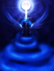 Size: 1900x2500 | Tagged: safe, artist:minelvi, princess luna, alicorn, pony, g4, ethereal mane, female, glowing eyes, hoof shoes, magic, mare, moon, night, peytral, solo, spread wings, starry mane, wings