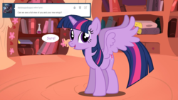 Size: 1280x720 | Tagged: safe, artist:hakunohamikage, twilight sparkle, alicorn, pony, ask-princesssparkle, g4, female, golden oaks library, solo, spread wings, twilight sparkle (alicorn), wings