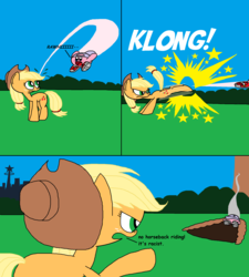 Size: 1908x2118 | Tagged: safe, artist:trc-tooniversity, applejack, earth pony, pony, puffball, g4, bucking, comic, crossover, dialogue, female, kirby, kirby (series), mare
