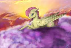 Size: 3722x2539 | Tagged: safe, artist:vinicius040598, fluttershy, pony, g4, female, floppy ears, high res, prone, smiling, solo, sunset