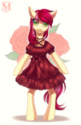 Size: 800x1224 | Tagged: safe, artist:margony, roseluck, earth pony, pony, g4, bipedal, clothes, dress, female, flower, looking at you, mare, rose, simple background, smiling, solo, white background