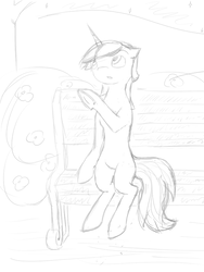 Size: 600x800 | Tagged: safe, artist:oldteaowl, lyra heartstrings, pony, unicorn, g4, bench, female, grayscale, monochrome, sketch, solo