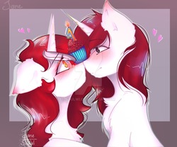 Size: 1024x853 | Tagged: safe, artist:jane-soulwi, oc, oc only, oc:frowzie, oc:frozen blade, pony, unicorn, anniversary, blushing, boop, cupcake, duo, food, noseboop, twins, watermark