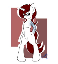 Size: 3000x3300 | Tagged: safe, artist:frowfrow, oc, oc only, oc:frozen blade, pony, unicorn, semi-anthro, belly button, featureless crotch, glasses, high res, smiling, solo, standing, sternocleidomastoid, tattoo