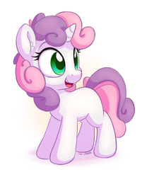 Size: 1000x1200 | Tagged: safe, artist:bobdude0, artist:lilfunkman, sweetie belle, pony, unicorn, g4, blank flank, collaboration, cute, diasweetes, female, filly, looking back, open mouth, simple background, smiling, solo, white background