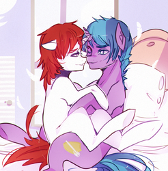 Size: 1898x1927 | Tagged: safe, artist:co11on-art, oc, oc only, oc:frozen blade, pony, unicorn, bed, bedroom, bedroom eyes, bedsheets, cuddling, duo, imminent kissing, looking at each other, male, smiling