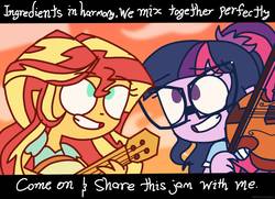 Size: 1378x999 | Tagged: safe, artist:psychodiamondstar, sci-twi, sunset shimmer, twilight sparkle, equestria girls, g4, clothes, female, glasses, grin, guitar, lesbian, musical instrument, ship:sci-twishimmer, ship:sunsetsparkle, shipping, singing, smiling, steven universe, the jam song, violin