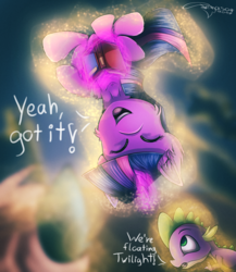 Size: 2600x3000 | Tagged: safe, artist:ferasor, spike, twilight sparkle, alicorn, dragon, pony, a flurry of emotions, g4, best aunt ever, book, duo, eyes closed, floating, glowing horn, high res, horn, magic, smiling, twilight sparkle (alicorn)