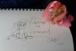 Size: 2478x1650 | Tagged: safe, artist:binkyt11, fluttershy, pony, g4, breaking the fourth wall, brushable, irl, looking at you, photo, solo, speech bubble, talking to viewer, toy, traditional art, waving