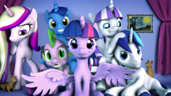 Size: 3840x2160 | Tagged: safe, artist:seriff-pilcrow, night light, princess cadance, shining armor, spike, twilight sparkle, twilight velvet, alicorn, cat, dragon, pony, unicorn, series:daring did tales of an adventurer's companion, g4, 3d, family photo, high res, noogie, painting, source filmmaker, sparkle family, spike's family, spread wings, starry night, twilight sparkle (alicorn), vincent van gogh, wings