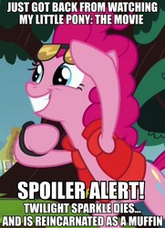 Size: 695x960 | Tagged: safe, edit, edited screencap, screencap, pinkie pie, g4, my little pony: the movie, what about discord?, back to the future, female, food, image macro, implied death, implied time travel, meme, muffin, pinkie mcpie, solo, spoiler alert