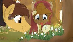 Size: 1280x744 | Tagged: safe, artist:rutkotka, oc, oc only, oc:feather paw, oc:help hoof, pegasus, pony, duo, female, flower, forest, looking down, male, mare, snowdrop (flower), stallion, tree