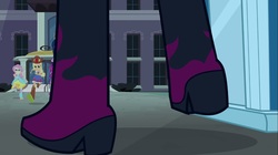 Size: 1100x618 | Tagged: safe, screencap, applejack, fluttershy, sunset shimmer, twilight sparkle, equestria girls, g4, my little pony equestria girls, boots, boots shot, canterlot high, clothes, cowboy boots, cowboy hat, fall formal outfits, female, hat, high heel boots, legs, pictures of legs, raised leg, statue